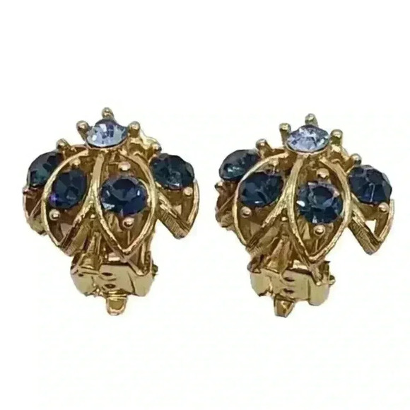 Vintage Earrings Rhinestone Lt Blue & Dk Blue Dainty Classy Clip On 1950s - Picture 1 of 8
